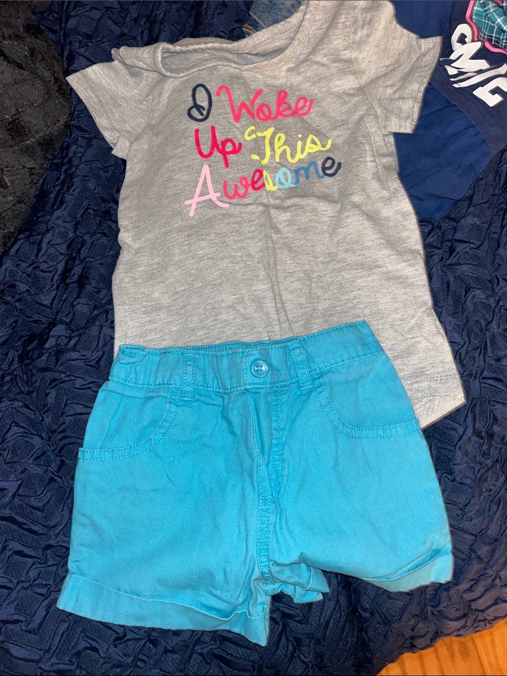 Gray Graphic Tee & Turquoise Shorts Set - 'I Woke Up This Awesome'